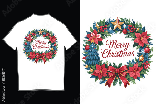 Merry christmas holiday wreath vector illustration featuring classic festive elements like poinsettias, pine branches, ornaments, berries and a red bow