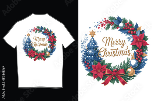 Merry christmas holiday wreath vector illustration featuring classic festive elements like poinsettias, pine branches, ornaments, berries and a red bow