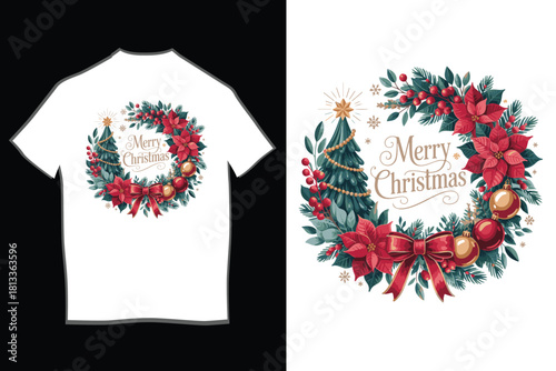 Merry christmas holiday wreath vector illustration featuring classic festive elements like poinsettias, pine branches, ornaments, berries and a red bow