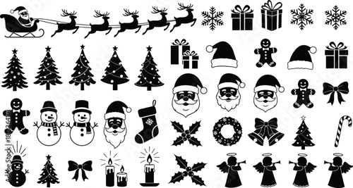 Complete Christmas Holiday Vector Icons and Silhouette Set, Santa Sleigh, Trees, Snowmen, Angels, Gingerbread Man, and Festive Gifts Clipart Collection.