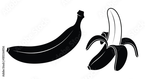 A black and white illustration depicting a whole and a peeled banana