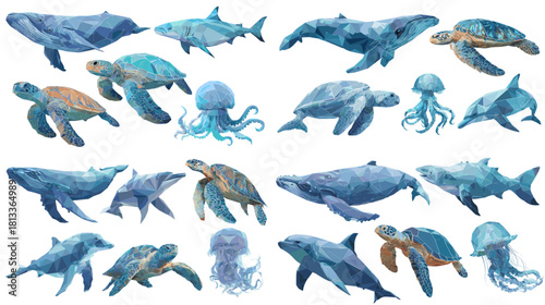A detailed low poly illustration set of marine animals including whales, sea turtles, dolphins, sharks, and jellyfish in cool blue tones. Perfect for ocean themes, wildlife design, and aquatic artwork