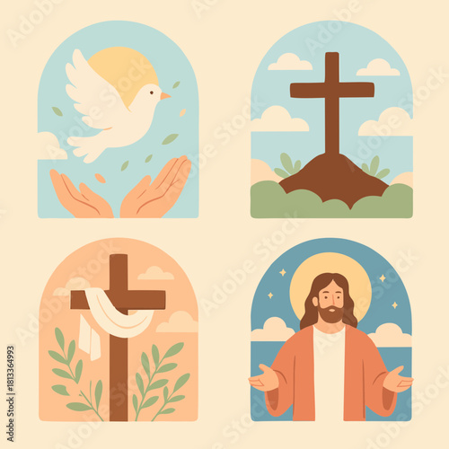 Pastel four-panel illustration featuring a dove, cross on a hill, sunrise, and Jesus, representing Easter themes.
