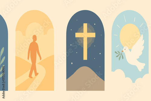 Minimal pastel illustration of a cross inside an archway symbolizing faith, hope, and spiritual reflection.
