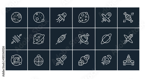 Astronomy and space exploration icons set on dark background