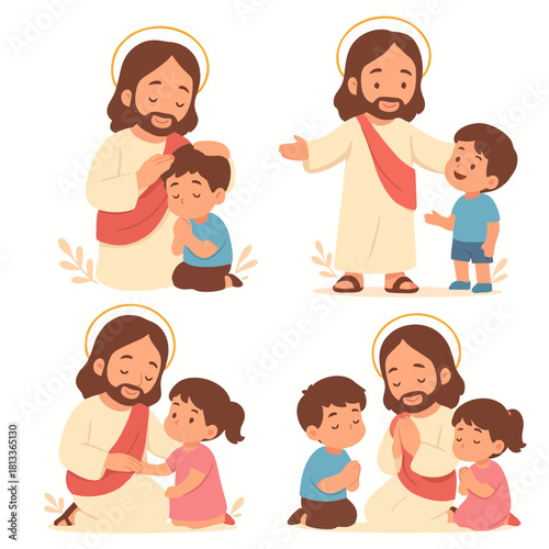 Cute pastel illustration of Jesus surrounded by children, teaching them with kindness and compassion in a warm outdoor setting. Perfect for Christian education and inspirational materials.