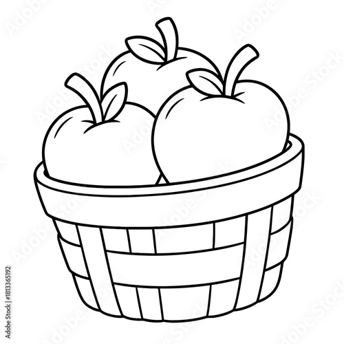 A simple line drawing of a basket filled with three apples with leaves attached to them