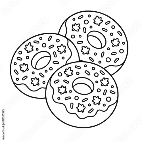 Three donuts with frosting and leaf sprinkles in a black and white line drawing style