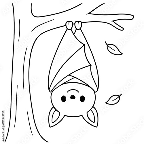 A cute bat hanging upside down from a tree branch with leaves in a black and white drawing