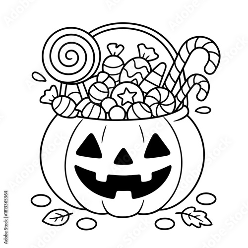 A line drawing of a pumpkin bucket filled with halloween candy and leaves around it