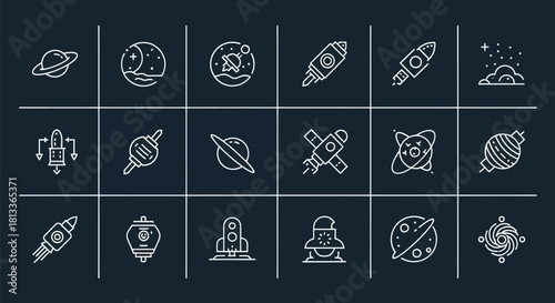 Astronomy themed vector icons of planets rockets and celestial bodies