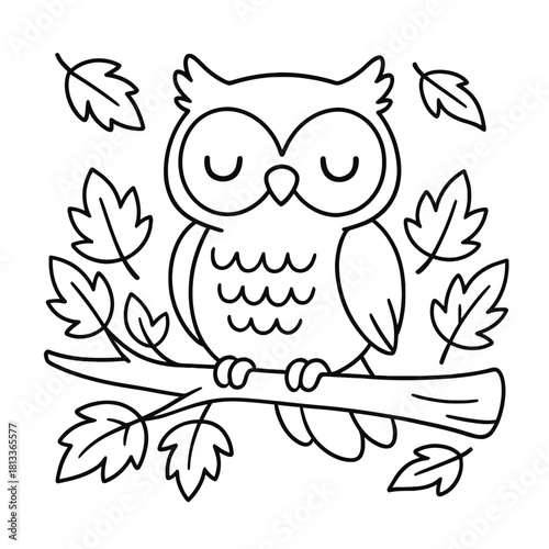 Outline illustration of a sleeping owl perched on a branch surrounded by leaves art