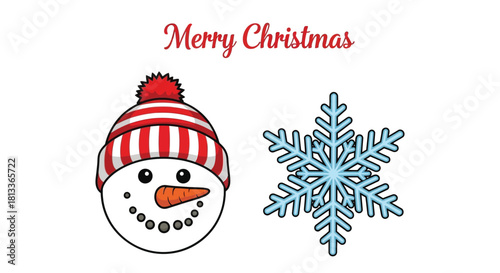 Cute snowman head with a red striped hat and a blue snowflake wishing Merry Christmas