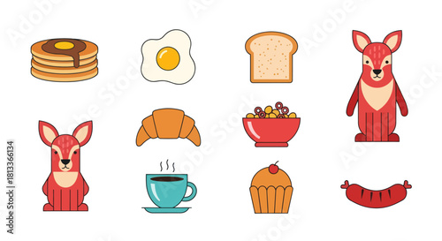 Breakfast food and animal cartoon icons pancakes eggs and deer