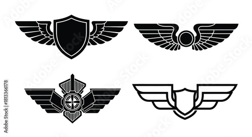 Black and white winged shield emblems and heraldic design elements