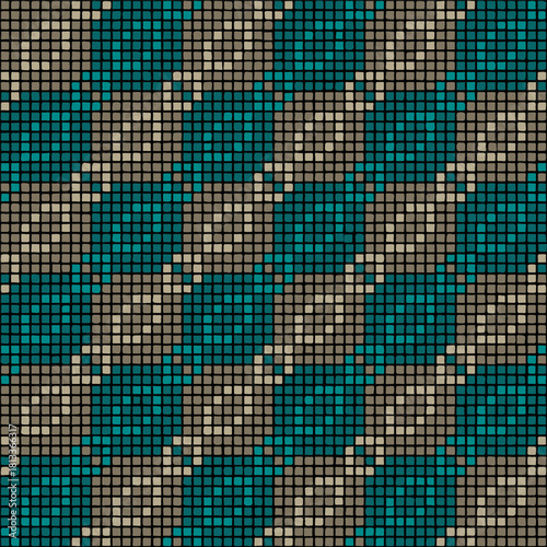 rhombuses and squares from hand drawn pixels. vector seamless pattern. blue, brown repetitive background. modern decorative art. geometric fabric swatch. design template for textile, home decor