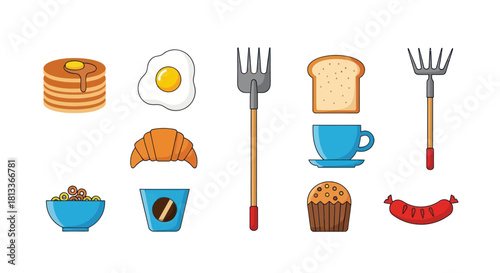 Breakfast food and utensils illustration set isolated on white