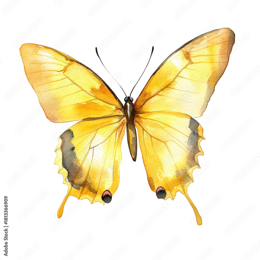 Fototapeta premium Watercolor painting of a yellow butterfly isolated on transparent background, showcasing its delicate wings and intricate patterns in a vibrant and artistic style
