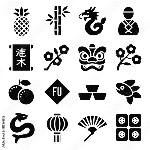 Chinese New Year Elements and Traditional Symbols Set Featuring Pineapple Bamboo Dragon and More Festive Decorations for Celebration and Cultural Design