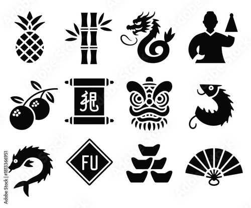 Chinese New Year icons representing traditional symbols of luck wealth and prosperity in a simple and elegant black silhouette design perfect for festive occasions