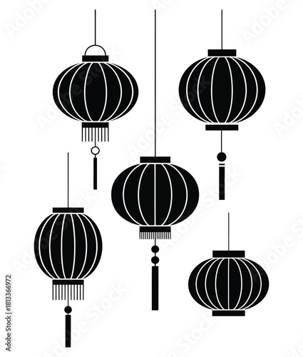 Elegant Black and White Lantern Collection for Festive Occasions Decorative Oriental Design Elements for Celebrations and Cultural Events Asian Themed Graphics