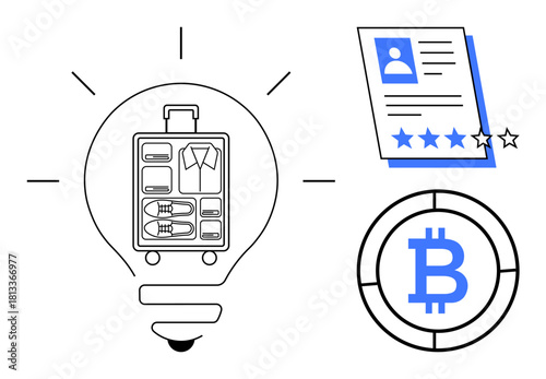 Light bulb housing suitcase for efficiency, resume with star ratings for evaluations, Bitcoin logo for digital currency. Ideal for innovation, business, technology, efficiency, cryptocurrency