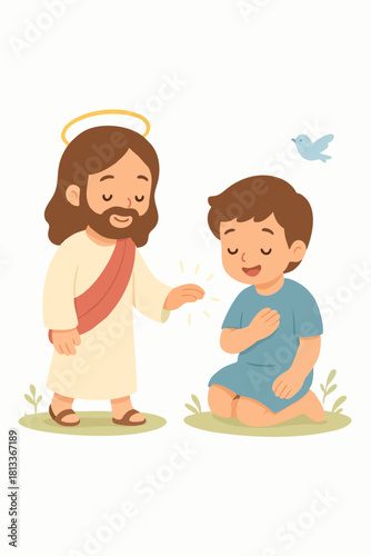 Soft illustration of a religious figure blessing a child with a peaceful dove above, symbolizing purity and hope.