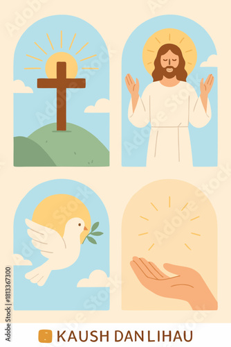 Fotografie Christian icon panel featuring cross, resurrected Jesus, dove, and radiant sun representing hope and renewal