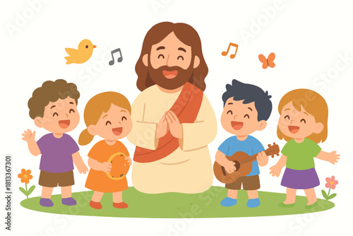 Cheerful illustration of Jesus singing with kids, symbolizing joy, worship, and togetherness.
