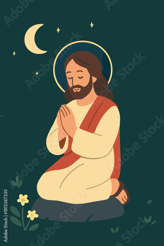 Calm illustration of Jesus praying with halo on a dark background, symbolizing devotion and spiritual focus.