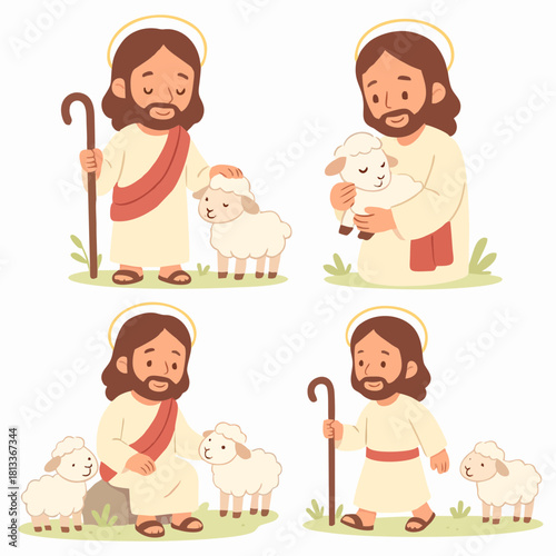 Cute illustration of Jesus as the Good Shepherd with lambs, symbolizing protection, care, and divine love.