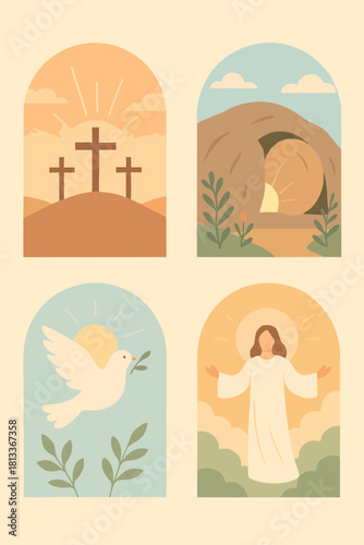 Christian panel illustration showing the cross, empty tomb, dove, and risen Jesus symbolizing resurrection and hope.