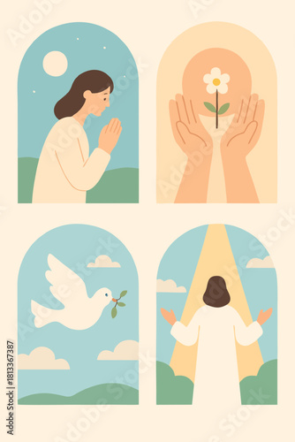 Pastel Christian icon set displaying prayer, open hands, dove, and Jesus silhouette in peaceful tones.