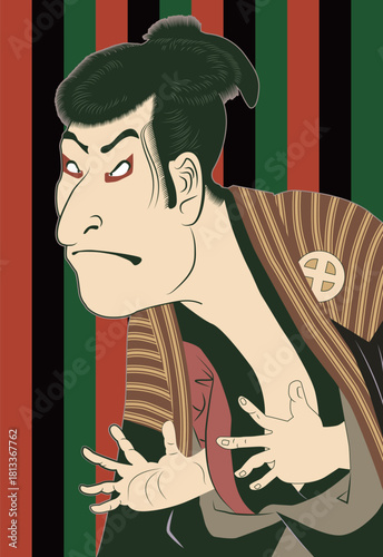 写楽　浮世絵アレンジ 大谷鬼次 奴江戸兵衛 歌舞伎 大首絵 歌舞伎定式幕背景イラスト　Japanese Ukiyo-e SHARAKU