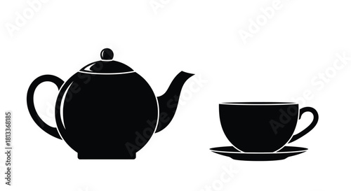 Simple black and white illustration of a teapot and teacup set