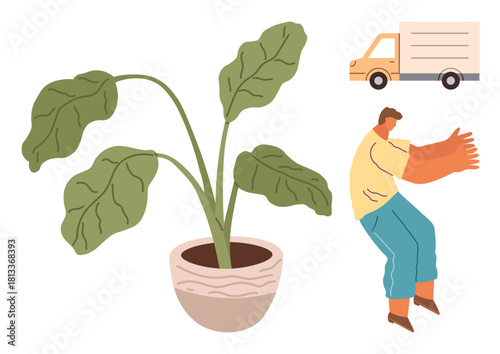 Large potted plant with vibrant green leaves being carried by a person in casual wear, accompanied by a delivery truck. Ideal for moving, gardening, delivery, logistics, nature, houseplants, simple
