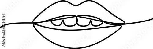 Continuous line art drawing of sensuous female lips with visible teeth, minimalist black and white modern graphic illustration