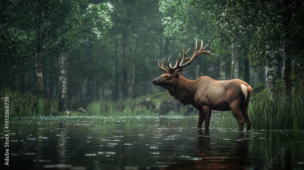 Fototapeta premium Majestic elk standing in a tranquil forest pool.
