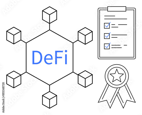 Blockchain network web shape with DeFi text, checklist with marked tasks, certification badge. Ideal for decentralized finance, blockchain, innovation, technology, task management, achievement