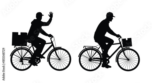 Two cyclists silhouetted against a white background one waving cheerfully
