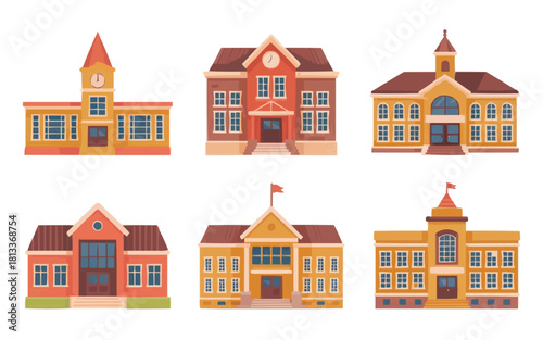 Charming cartoon schools illustration, education concept design for children's books or creative projects, vector set of playful school buildings