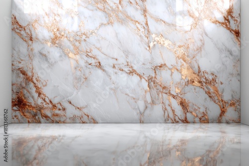 Elegant White Marble Wall With Gold Veins And Reflective Floor In A Studio Setting