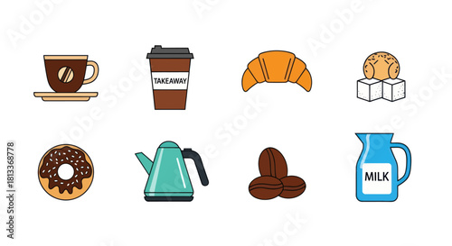 Assorted coffee beverages and pastries arranged on a white background
