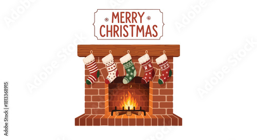 Cozy Christmas fireplace with festive stockings hanging and a glowing fire with Merry Christmas text