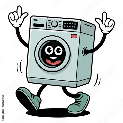 A happy cartoon washing machine jumping and celebrating