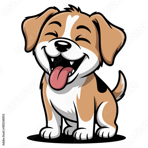 A cheerful puppy with a big smile and tongue out, sitting, looking very happy. The puppy has brown and white fur, looking cute and adorable.