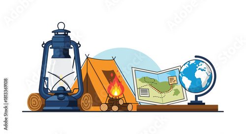 Camping equipment including a lantern, tent, campfire, map, and globe for outdoor adventures.