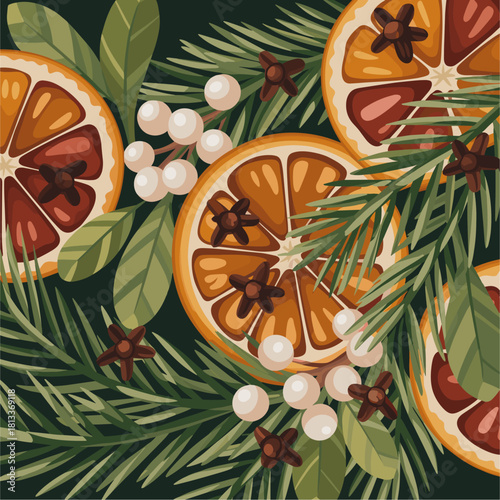 Painterly Christmas vector of dried orange slices, cloves, fir branches, and mistletoe berries arranged in a warm, festive winter composition with soft textures and cozy holiday colors