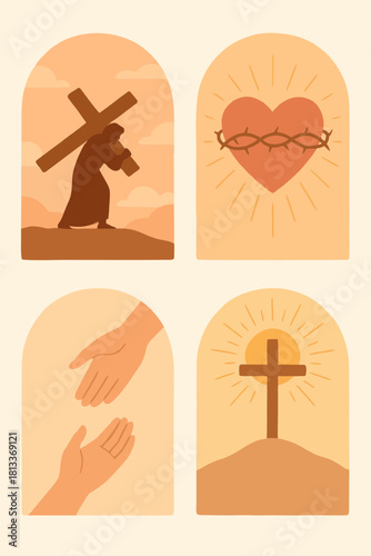 Christian icon set showing cross, crucifixion silhouette, heart, hands, and resurrection symbols.