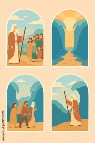 Pastel illustration panels depicting Moses, the Red Sea, and biblical storytelling scenes. Ideal for educational religious content.